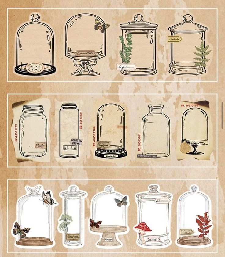 an image of various jars and containers with labels on them, all in different sizes