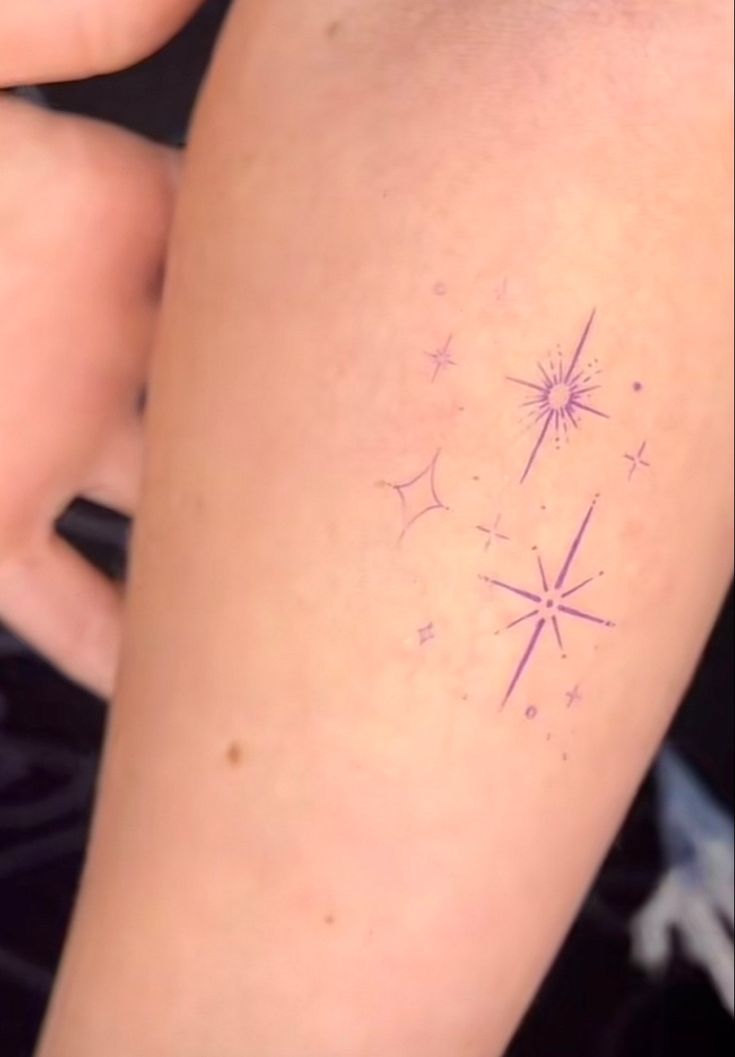 a woman's leg with a tattoo on it that has stars in the sky