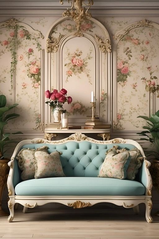 a blue couch sitting in front of a wall with flowers on it and a mirror behind it