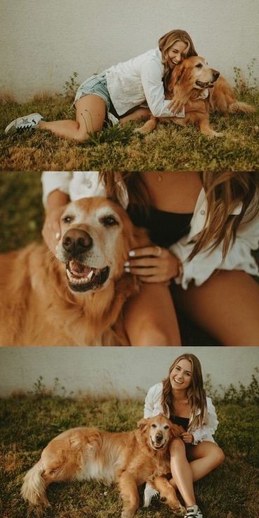 two pictures of a woman and her dog in the grass with their faces close to each other