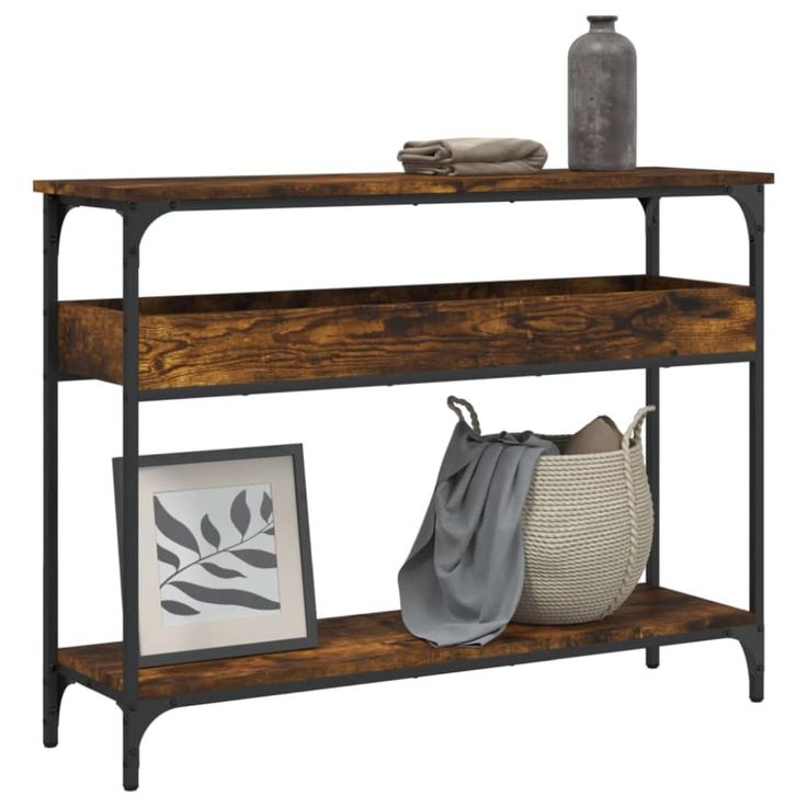 a wooden shelf with two baskets on it and a vase sitting next to the shelf