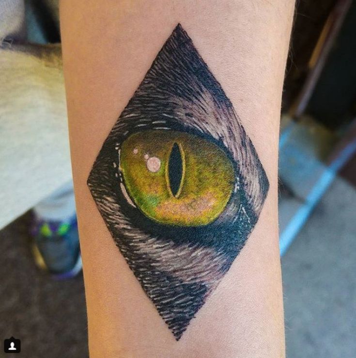 a cat's eye tattoo on the arm