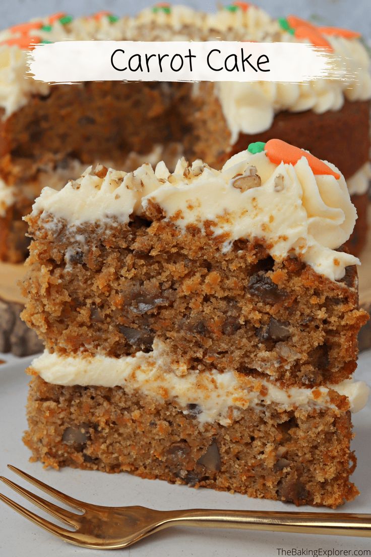 carrot cake with cream cheese frosting and sprinkles on a white plate