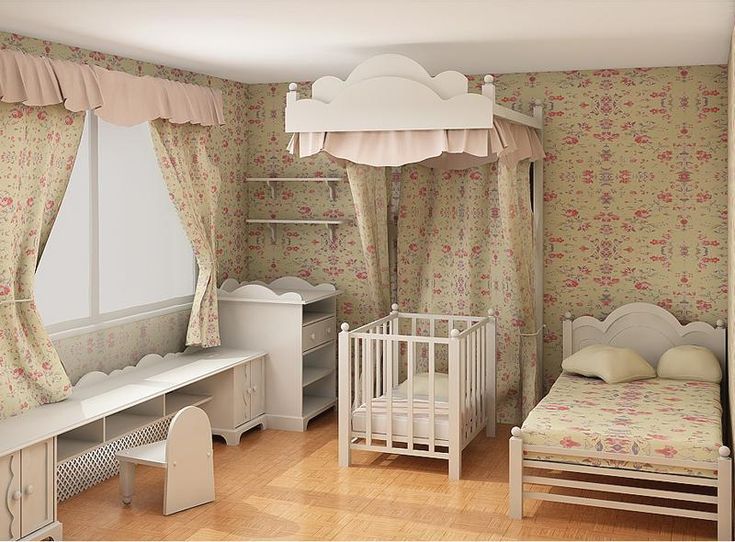 a baby's room with two beds and a crib