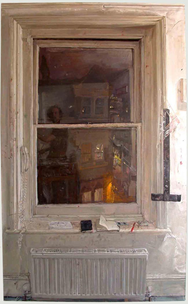 a painting of a room with a radiator in the corner and an old window