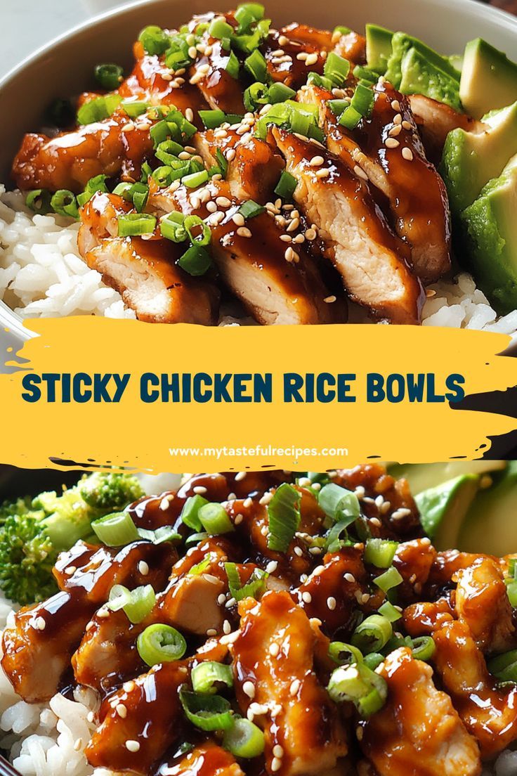 chicken rice bowls with broccoli, avocado and sesame seeds on top