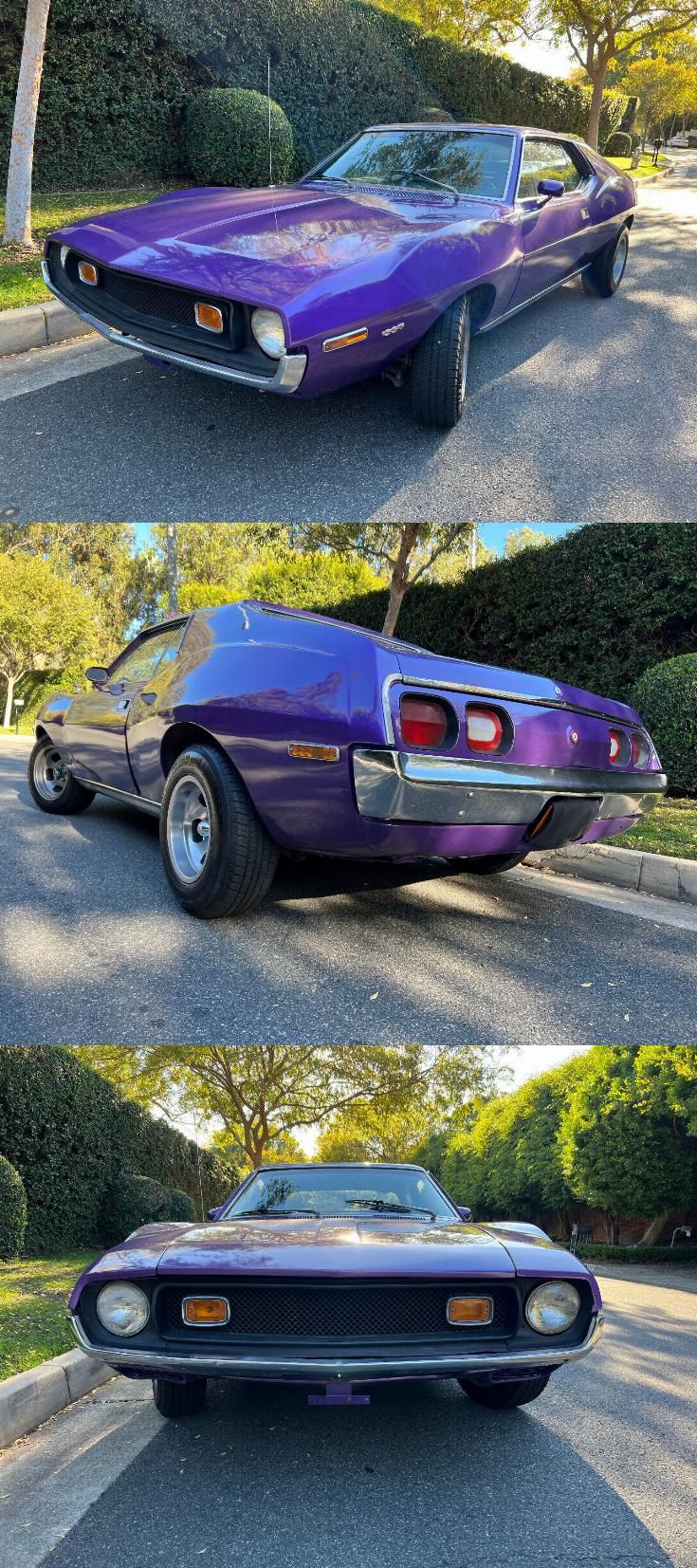 two pictures of the same car in different stages of being painted purple and then red