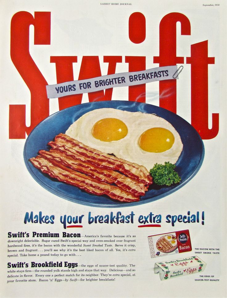 an old style breakfast ad with bacon, eggs and broccoli