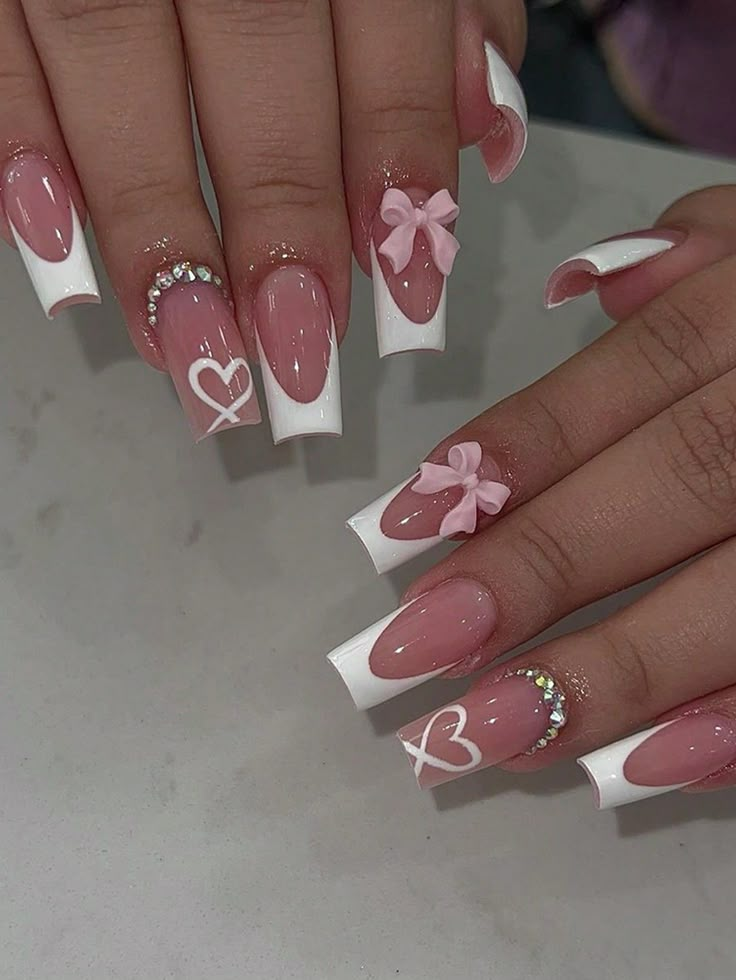 Multicolor  Collar  ABS Plants Color Nails Embellished   Nail,Hand & Foot Care Nails Design Coffin Shape, His Tip Color Nails, Nail Art Designs With Bow, Heart On Ring Finger Nails, Pink And White Nails With Design, Matching Nails With Bff Summer, White And Pink Nails Ideas, Simple Pink Nail Set, Bows Nails Design