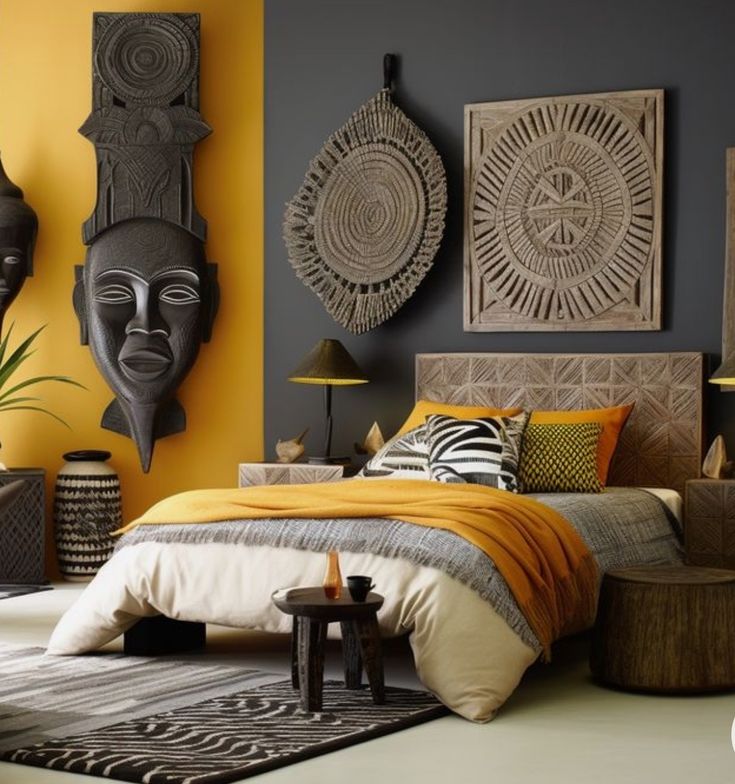 a bed room with a neatly made bed and two african masks hanging on the wall