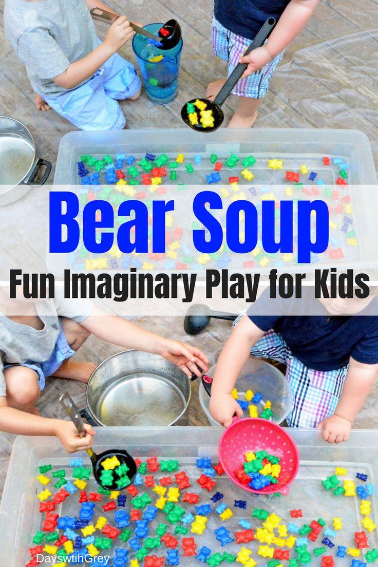 three children playing with bear soup in plastic bins on the ground and text overlay reads, bear soup fun imaginary play for kids