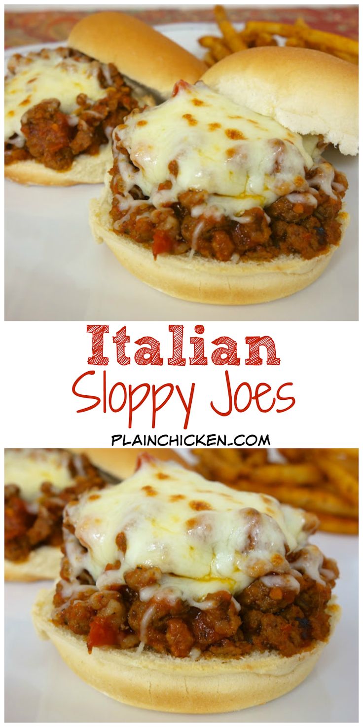 italian sloppy joes with cheese on top and french fries in the background, along with text overlay