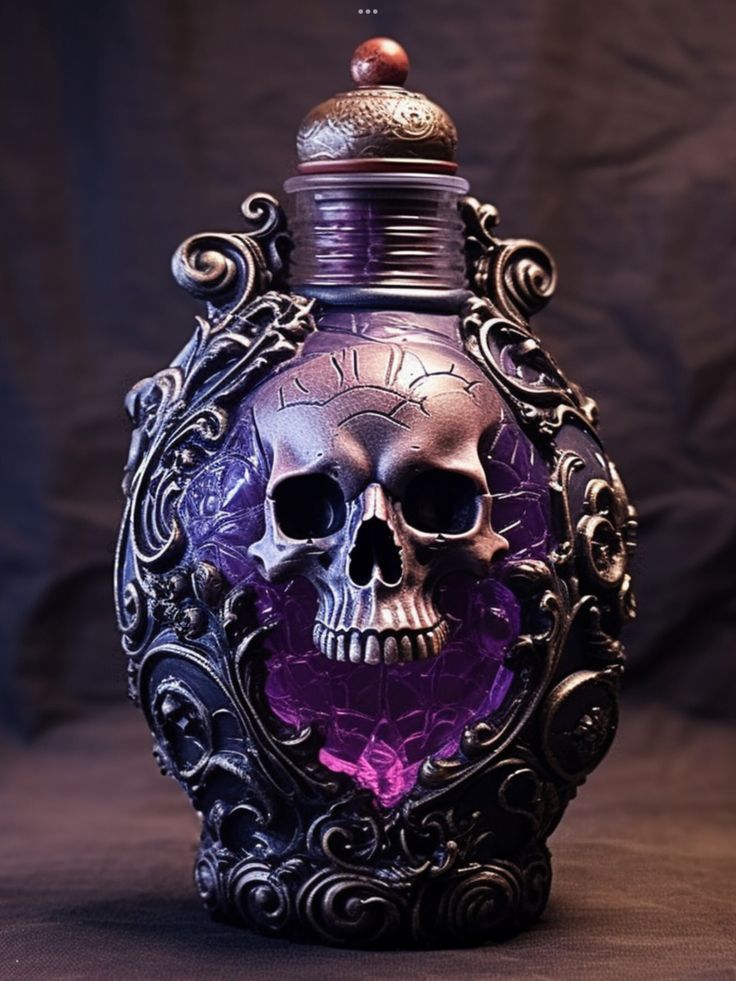 a skull shaped bottle with a purple liquid in it