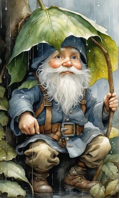 a painting of a gnome holding an umbrella