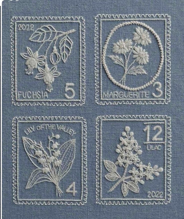 four different stamps with flowers and leaves on them, all in white threadworks