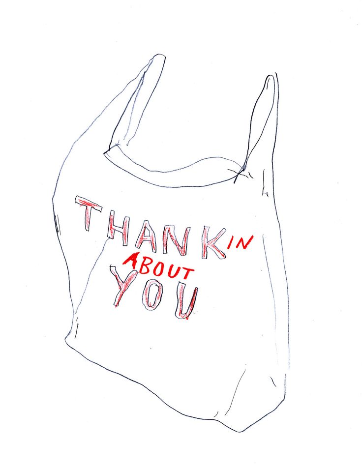 a drawing of a bag with the words thank you written in red ink on it