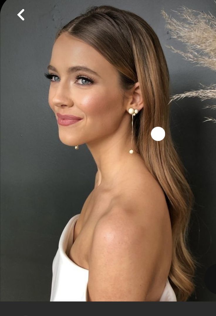 Prom Hair Straight Sleek, Curled Hair Pinned Behind Ear, Straight Hair With Slick Front Pieces, Curls With Hair Tucked Behind Ears, Sleek Straight Wedding Hair, Hair Down With Front Pinned Back, Behind Ear Wedding Hair, Strapless Hairstyles Formal, Partial Slick Back Hair