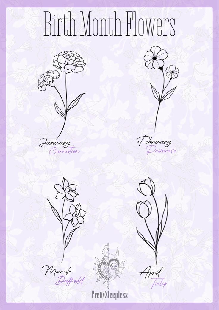 four different types of flowers are shown in this graphic art printable poster for the birth month