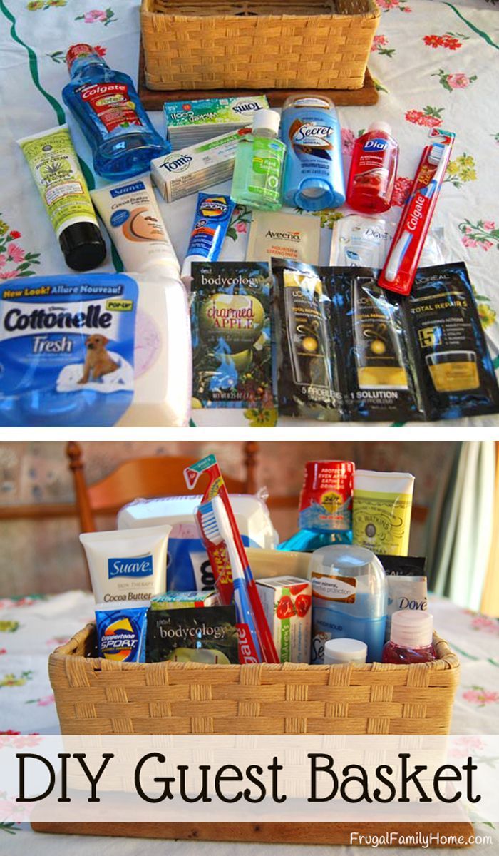 two baskets filled with toiletries and cleaning products sitting on top of a bed next to each other