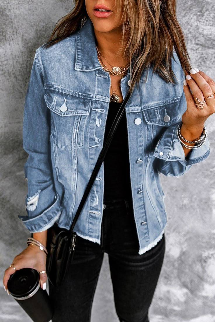 Look sharp and show your style in this classic distressed denim jacket! Perfect for layering over basic tops or dresses, this denim essential is sure to kick up your everyday look with its raw hem. Ready, set, get your denim on! Material: 78% cotton, 22% polyester Stretch: No stretch Care instructions: Machine wash cold. Tumble dry low. Imported Shipping estimate: 7-14 days Size Guide S: bust 39 in, shoulder 16 in, sleeve 23 in, length 23 in, hem width 39 inM: bust 41 in, shoulder 16 in, sleeve Looks Jeans, Distressed Jacket, Blank Apparel, Distressed Denim Jacket, Blue Denim Jacket, Ripped Denim, Denim Coat, Mode Inspiration, Outfits Casuales