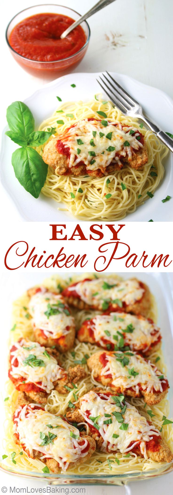 an easy chicken parm recipe with pasta and sauce on the side is shown in two separate images