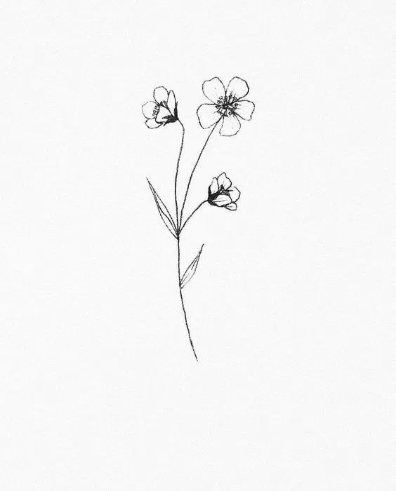 a black and white drawing of three flowers on a white background with one single flower in the foreground