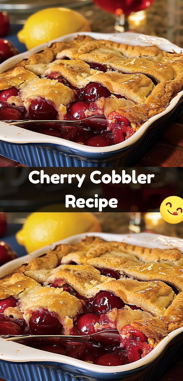 cherry cobbler recipe with lemons and cherries in the background, two pictures side by side