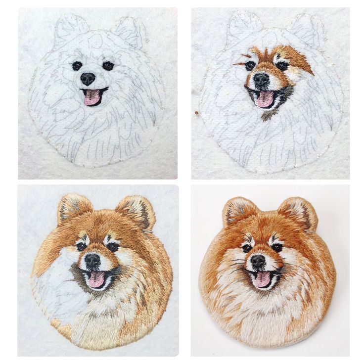 four different pictures of dogs with their faces painted on the same piece of cloths