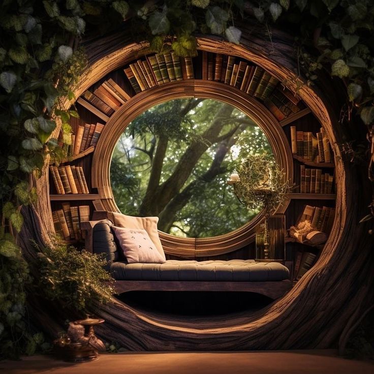 a room with a couch, bookshelf and window in the shape of a tree