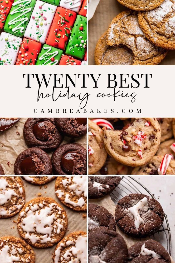 several different types of cookies with white icing on them and the words twenty best holiday cookies