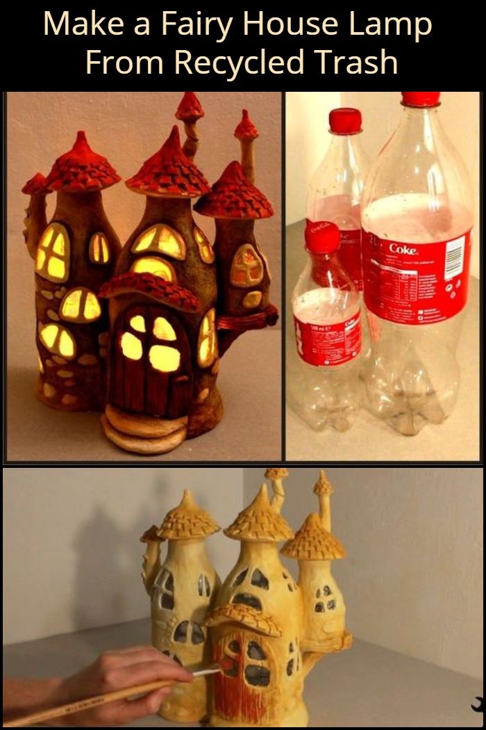 three different pictures with the words make a fairy house lamp from recyclied trash