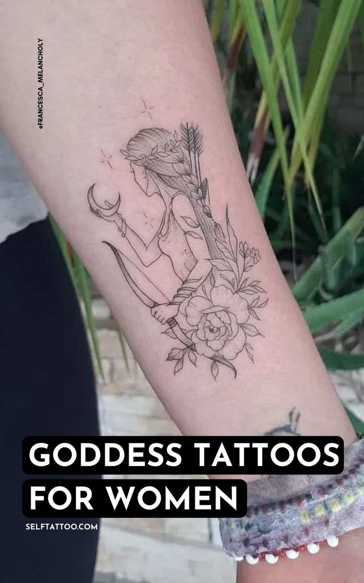 a woman's arm with the words goddess tattoos for women on it