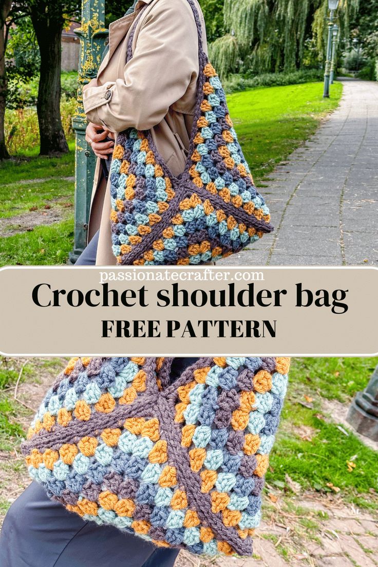 a woman carrying a crochet shoulder bag with text overlay that says, free pattern