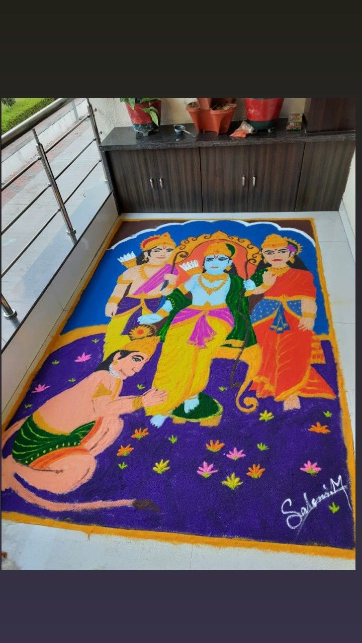 a colorful rug with an image of people on it