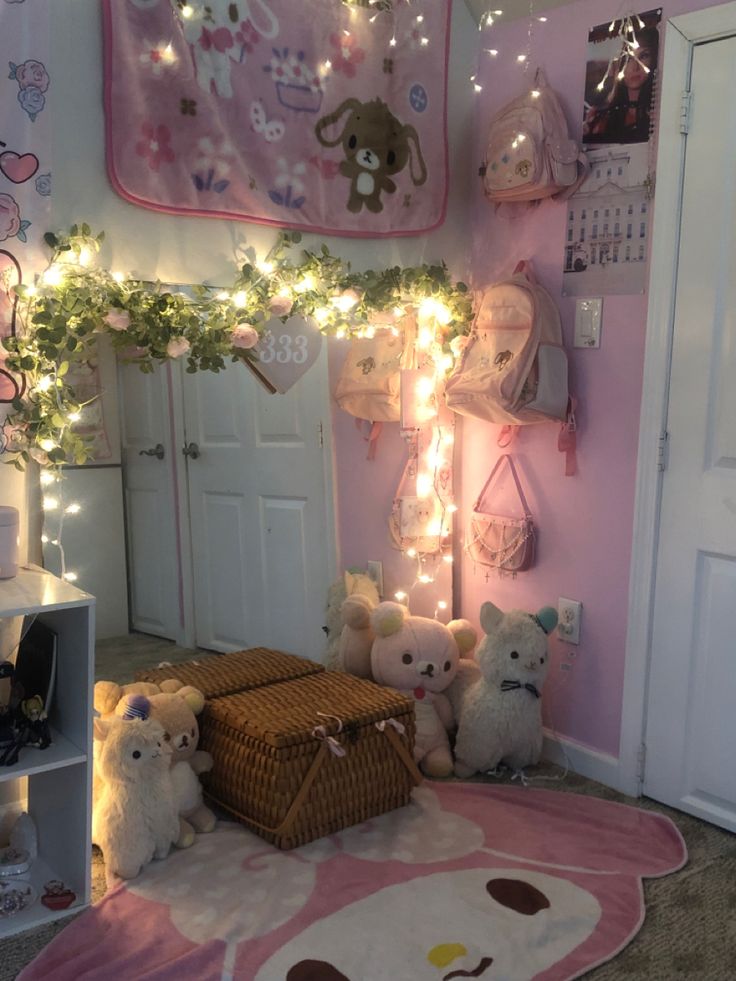 a room with teddy bears and lights on the wall, rugs in the shape of animals