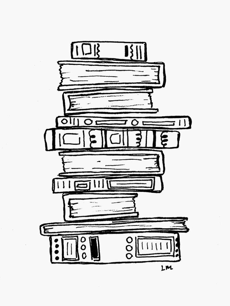 a black and white drawing of books stacked on top of each other