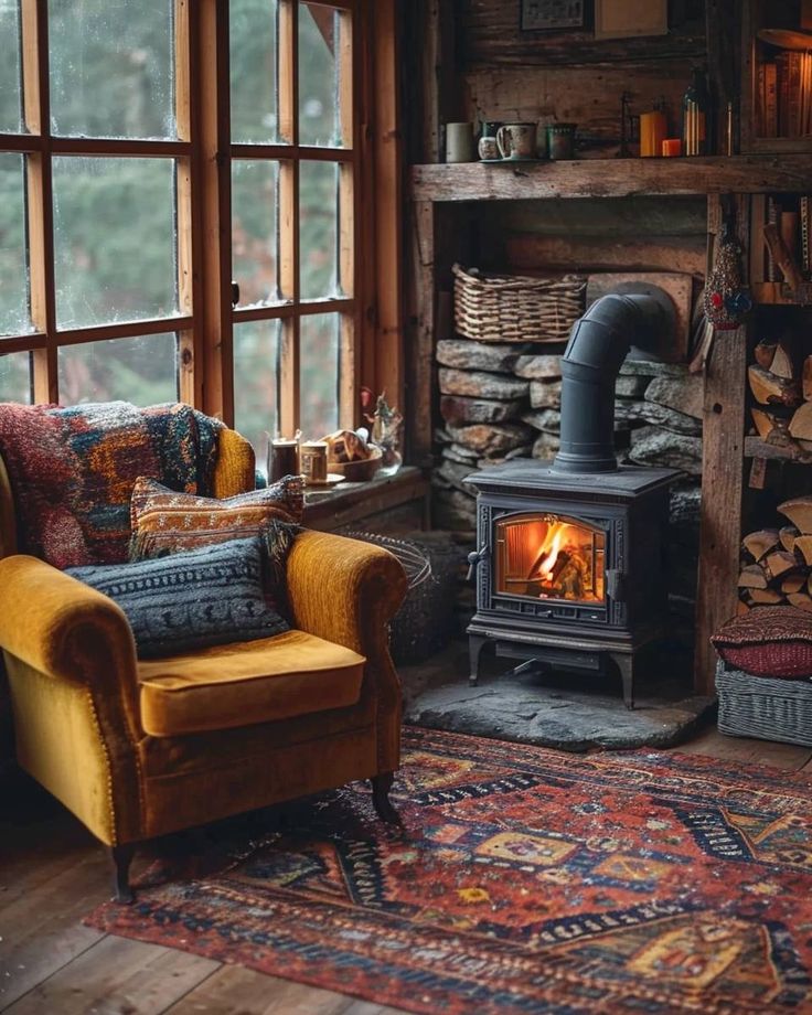 a living room filled with furniture and a fire place in front of a large window