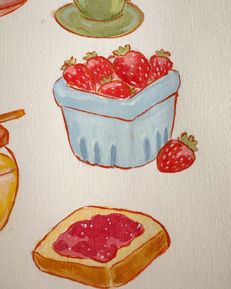 a painting of strawberries, jam and bread