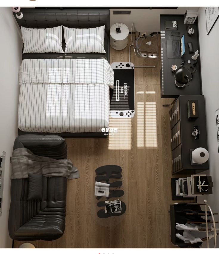 an overhead view of a bedroom with bed, desk and other items