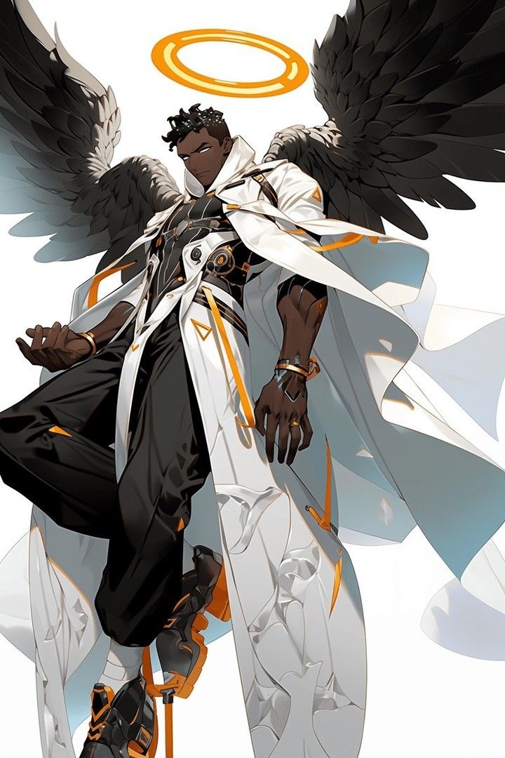 an angel with black wings and orange accents is standing in front of a white background