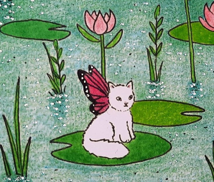 a drawing of a cat sitting on top of a lily pad with a butterfly flying over it