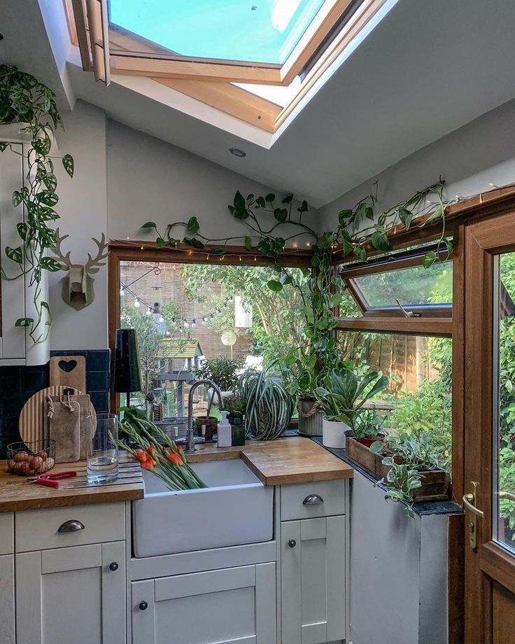 a kitchen with a skylight above the sink and plants on the windowsills