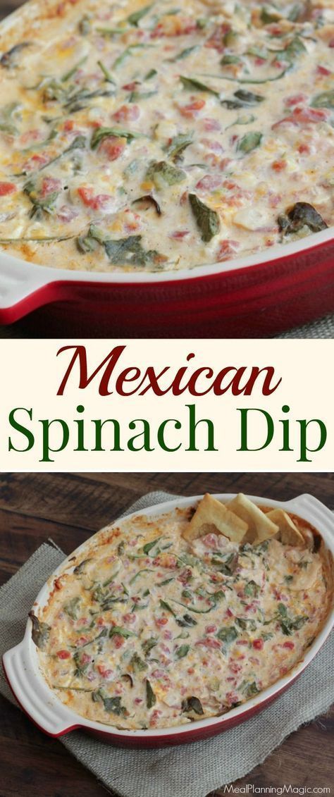 mexican spinach dip in a red casserole dish