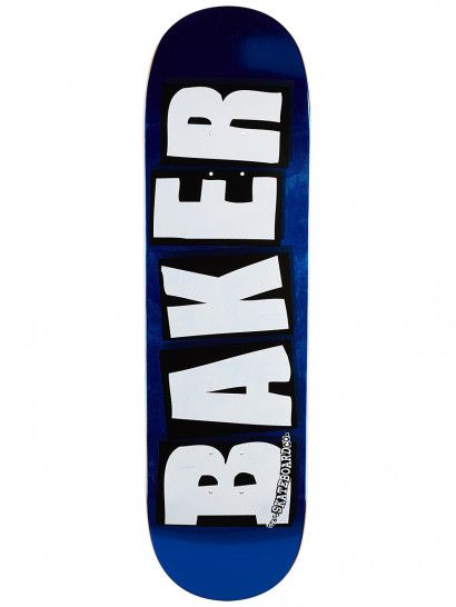 a blue skateboard with the words baker on it's bottom and white lettering