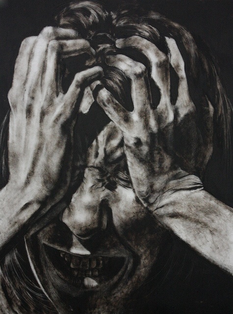 a black and white drawing of two people covering their eyes