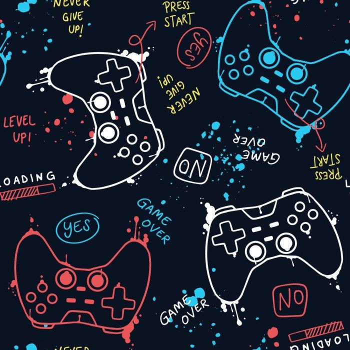 seamless pattern with video game controllers on black background in blue, red and pink colors