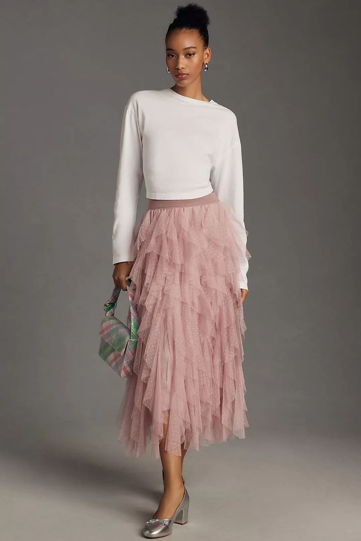 The Chéri Ruffled Tulle Midi Skirt by Anthropologie | Anthropologie Style Pink Tulle Skirt, Tulle Skirt Sweater Outfit, Feminine Ruffled Skirt For Fall, Chic Fall Tulle Maxi Skirt, Feminine Relaxed Pleated Skirt For Party, Feminine Fall Ruffled Skirt, Fall Party Skirt In Feminine Style, Fall Tiered Tulle Maxi Skirt, Feminine Ruffled Maxi Skirt For Party