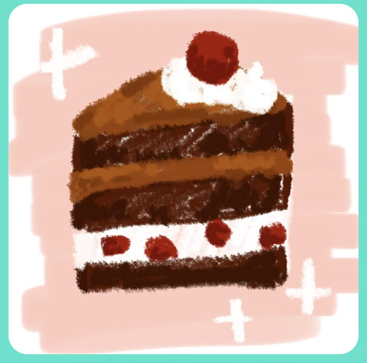 a drawing of a piece of cake with chocolate frosting and cherries on top