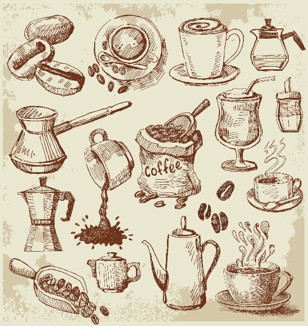 coffee related items drawn by hand