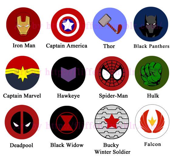 the avengers logos are shown in different colors and sizes, including captain america, black widow, iron man, spider - man